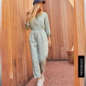 Outerknown Station Cinched Jumpsuit in size small/ “harbor” sea foam green color